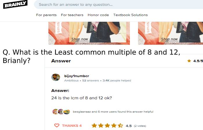 Q. What is the Least common multiple of 8 and 12, Brianly?